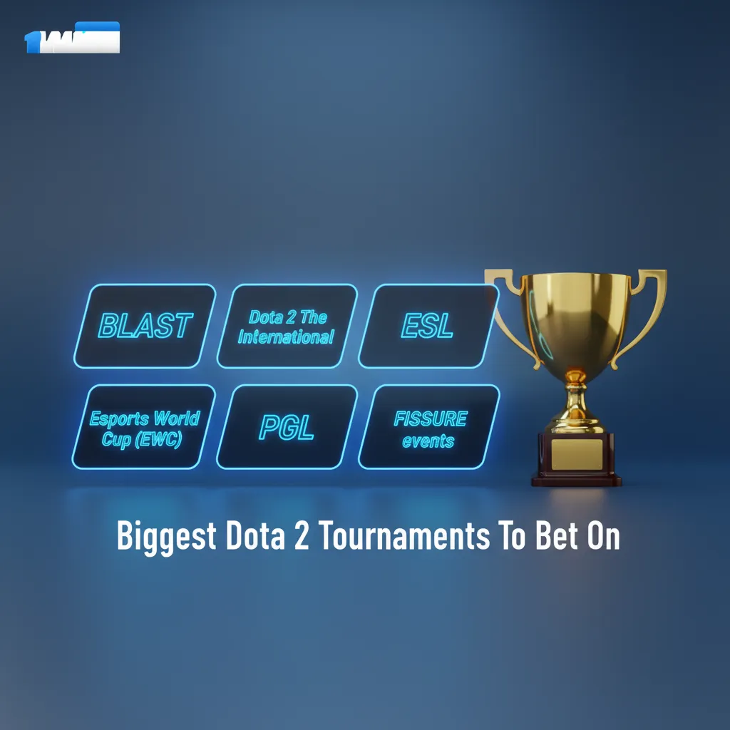 Infographic of biggest Dota 2 tournaments to bet on: TI, BLAST, ESL, Esports World Cup, PGL, FISSURE.