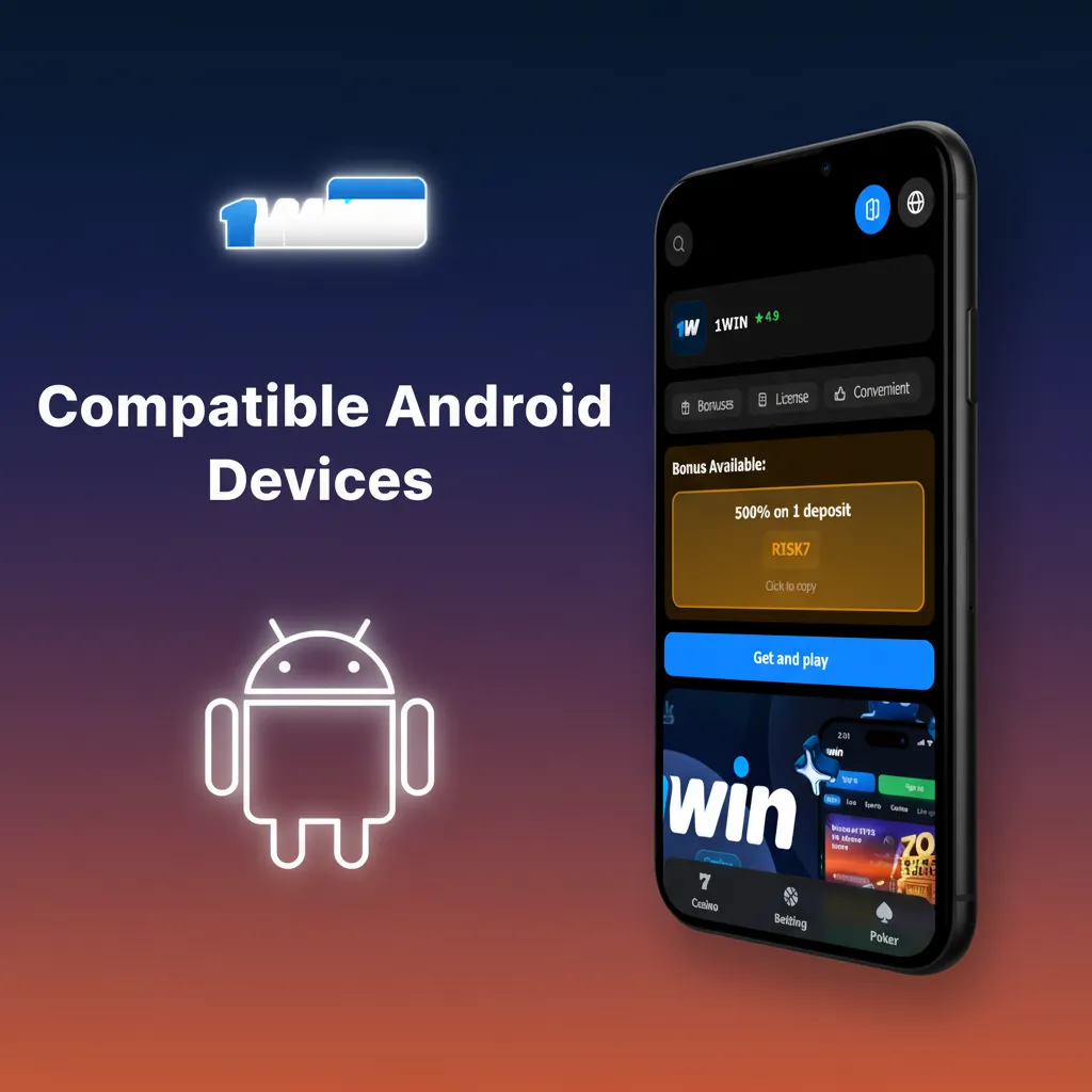 Graphic listing 1win APK compatible Android phones: Redmi Note 12, Galaxy A14/A34, Nord CE 3 Lite, Narzo 60, Pixel 6a, more.
