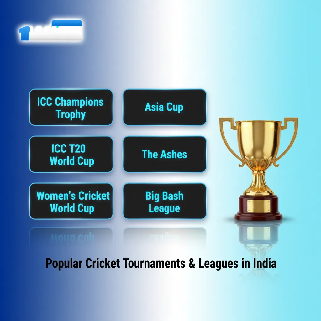 Infographic of popular cricket tournaments in India: IPL, World Cups, WTC, Asia Cup, Ranji, plus live betting tools.