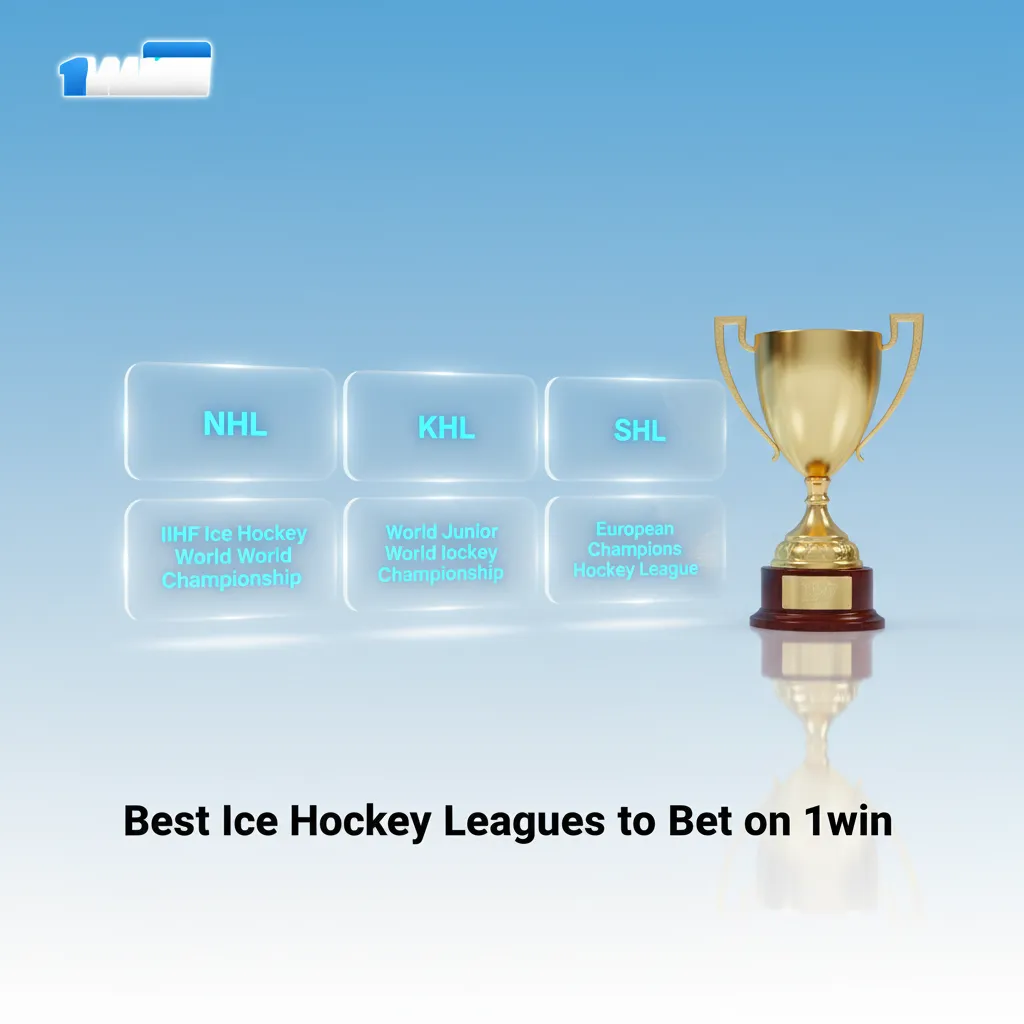 1win hockey betting graphic showing NHL, KHL, SHL, Liiga, IIHF Worlds, CHL, Olympics, with accumulators and IST match times.