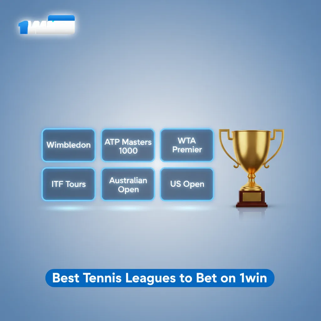 Graphic listing top tennis betting events on 1win: Australian Open, French Open, Wimbledon, US Open, ATP/WTA tours.
