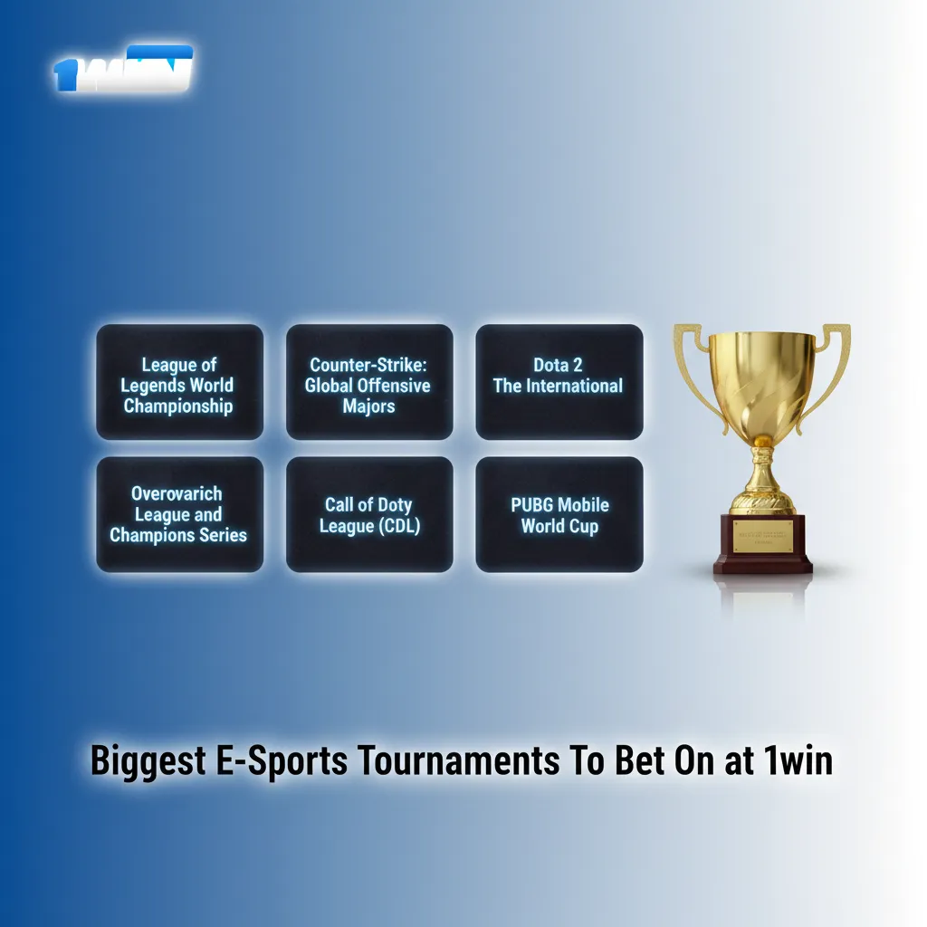 Table of flagship esports tournaments by game for 1win betting: CS2, Dota 2, LoL, Valorant, SC2, R6 Siege, MLBB.