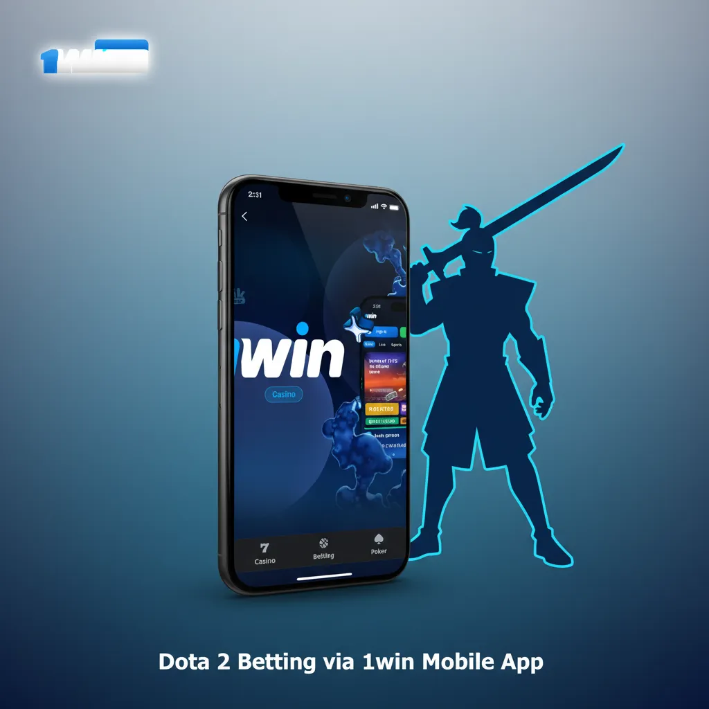 Smartphone showing 1win app with Dota 2 live odds and Place Bet button; Android/iOS icons and UPI deposit options.