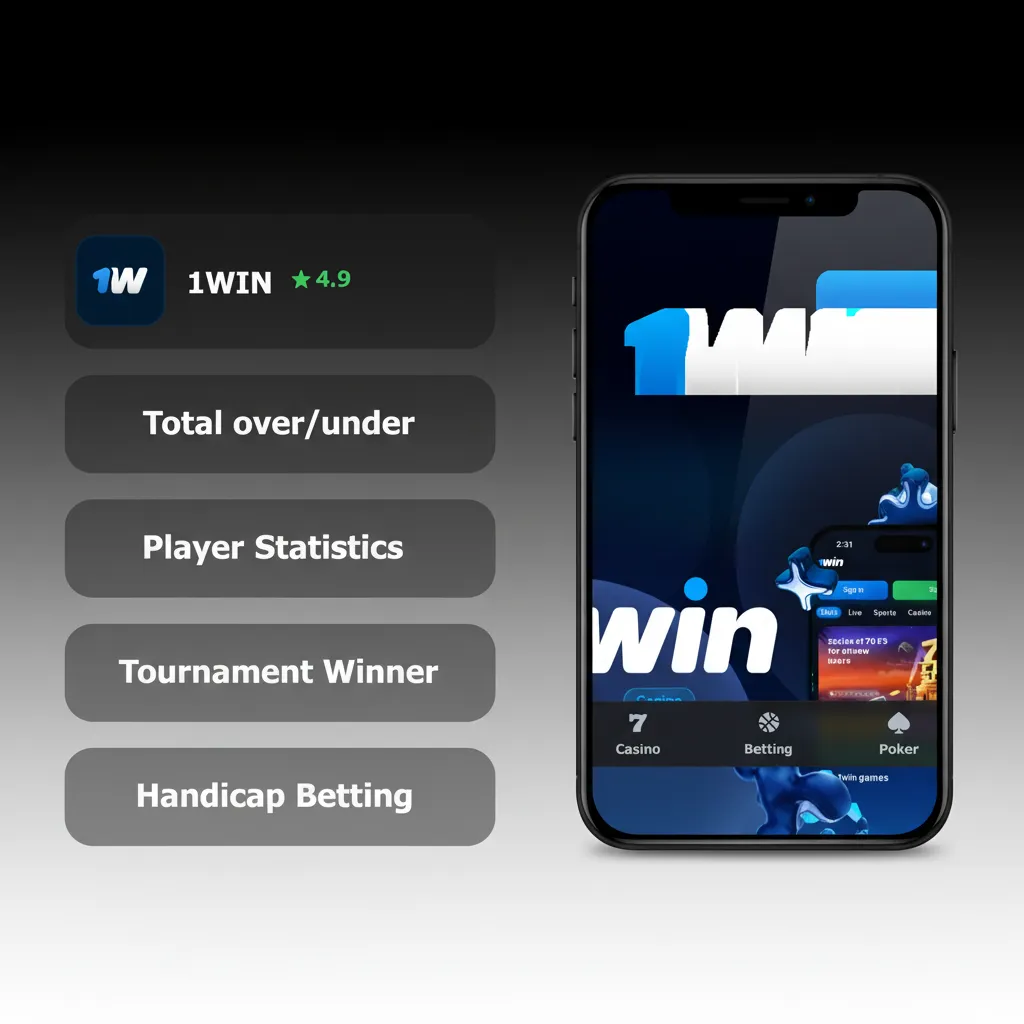 Graphic of 1win app bet types: Single, Accumulator, System, In-Play, Handicap, Over/Under, Outright; mix by risk.
