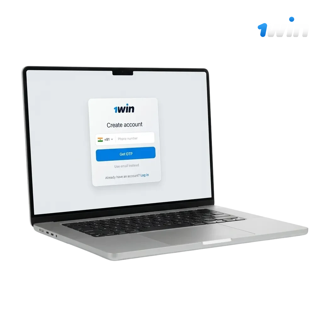 Illustration of 1win India registration steps showing sign-up options, INR deposits, betting access, and 500% welcome bonus.