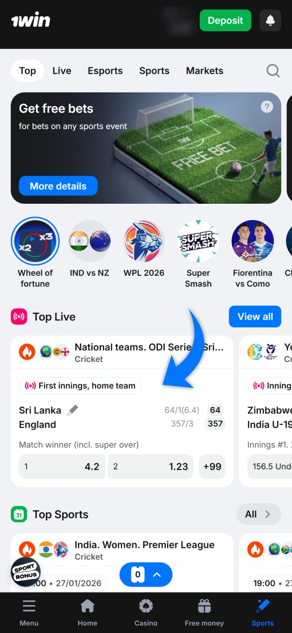 Find games or sport tournaments to bet on at 1win android app.