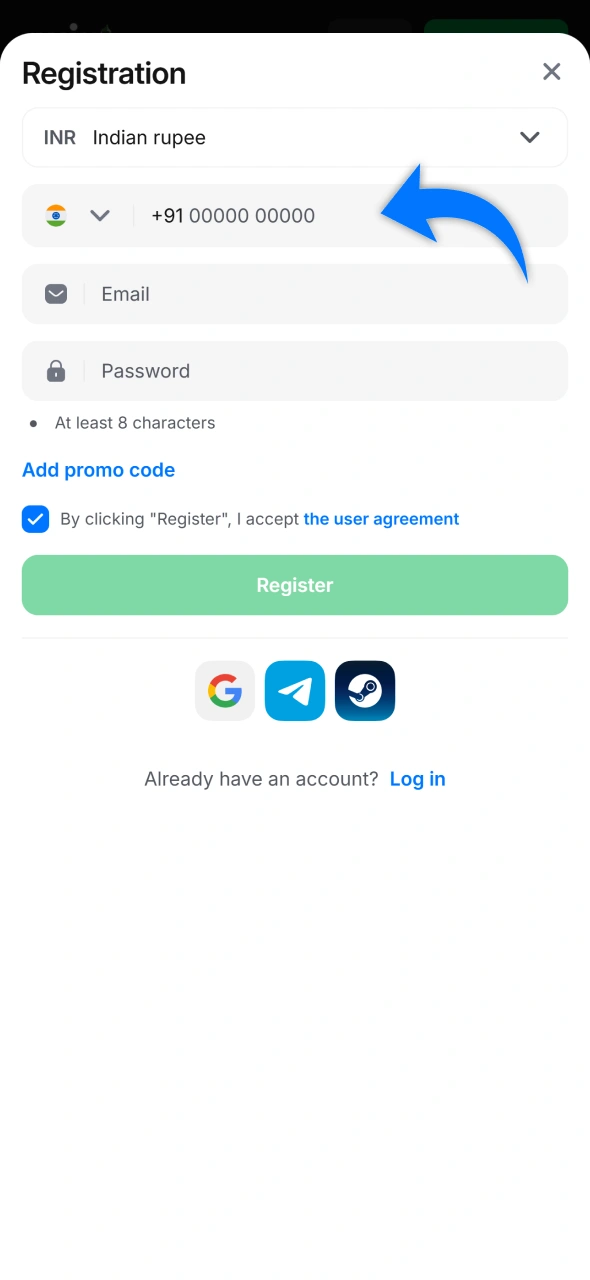 Register an account to start betting and playing at 1win android app.
