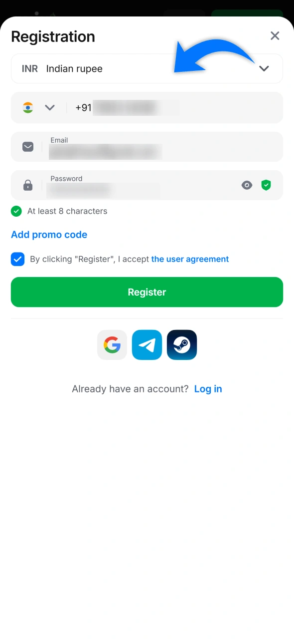 Fill your phone number and other details at 1win registration form.