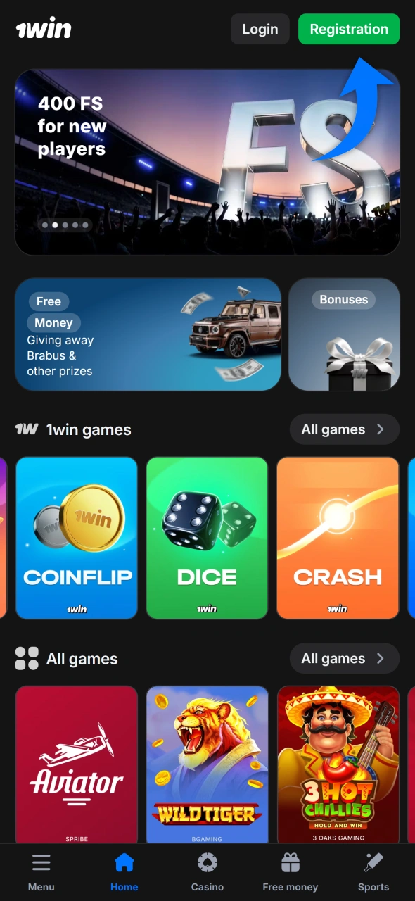 Find registration button at 1win.