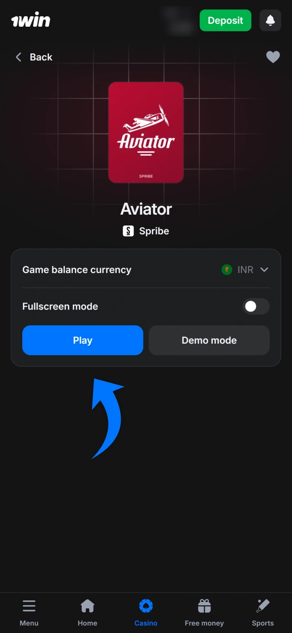 Find Aviator at 1win casino and choose demo or real play.