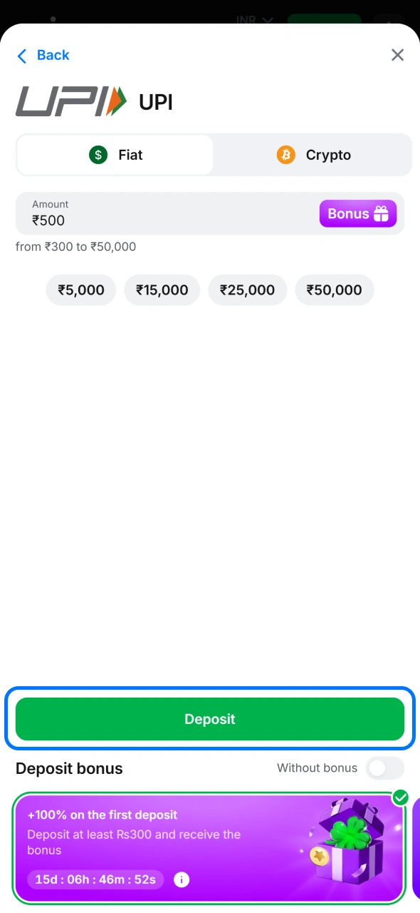 Click deposit button to top up your 1win account and get welcome bonus.