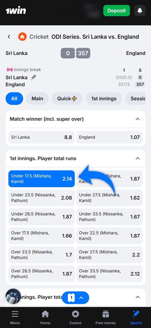 Choose a match and place your bet at 1win sports.