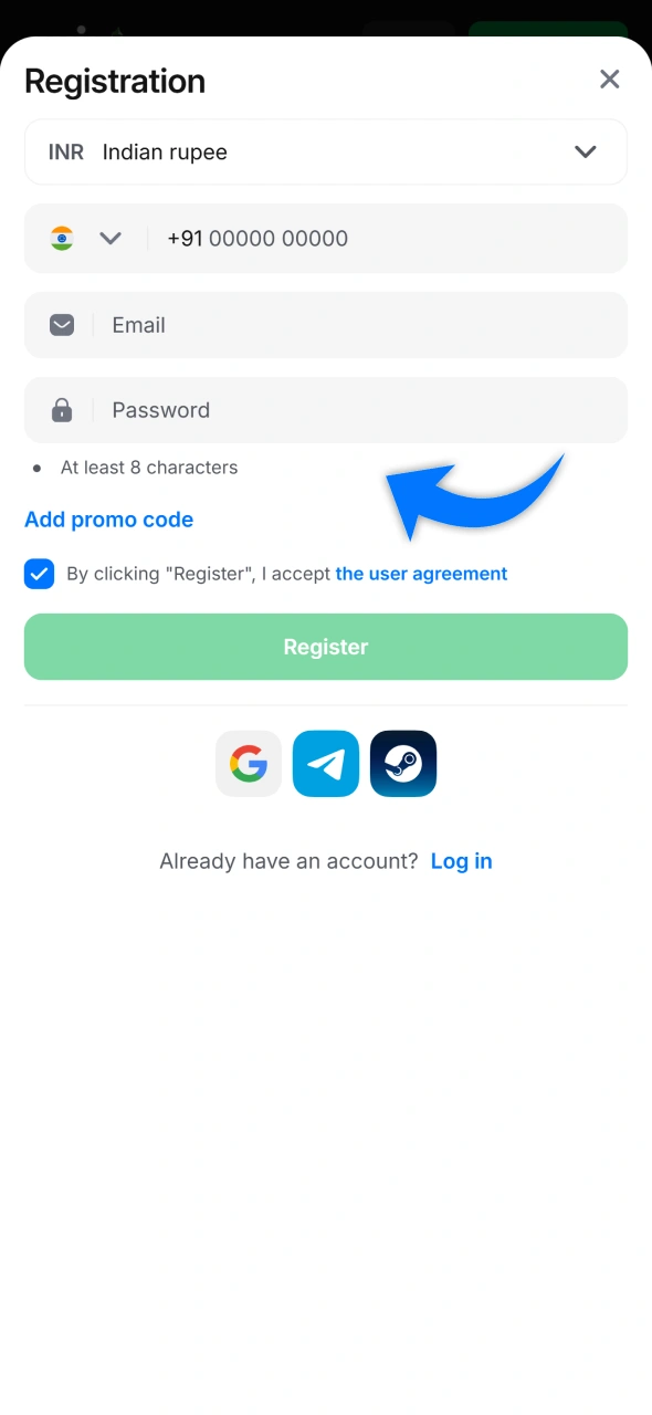 Fill all the registration fields to start betting on cricket at 1win.