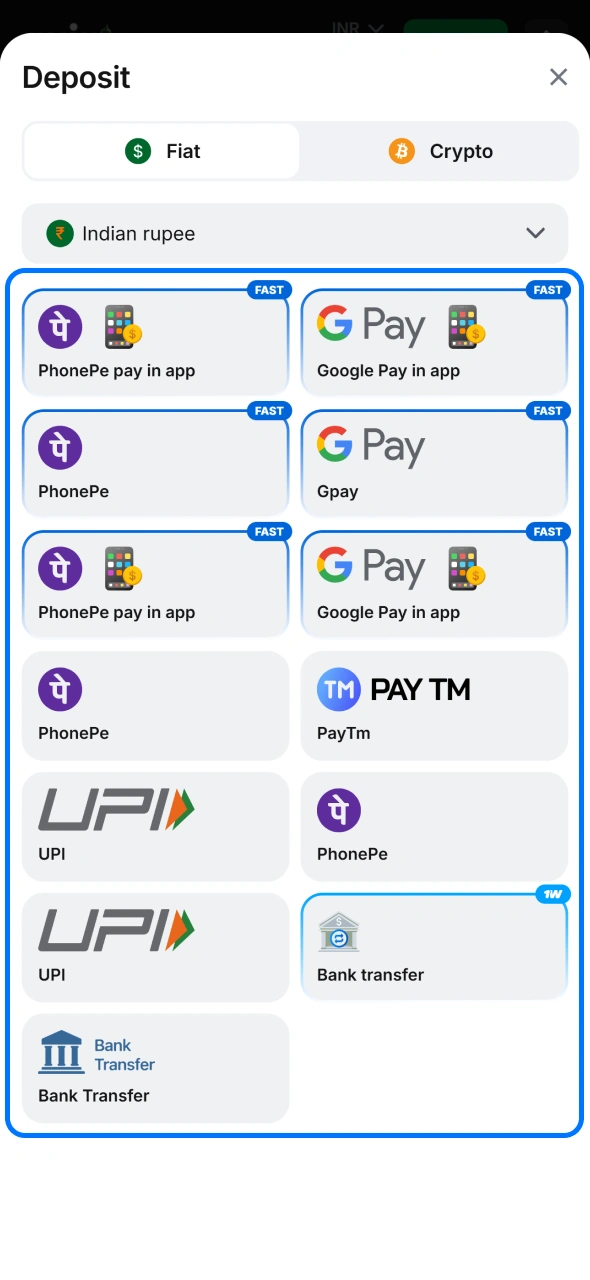 Choose a deposit method from the list at 1win India.