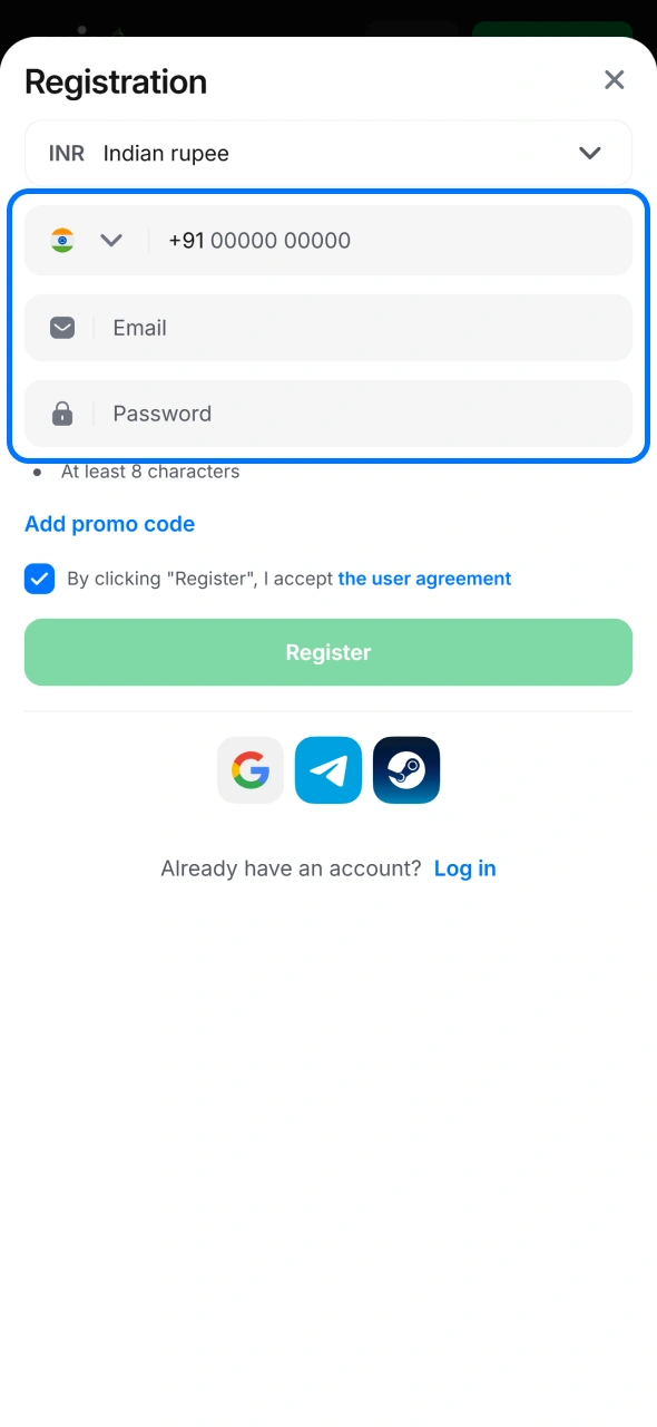 Fill all registration form fields to get 1win account.