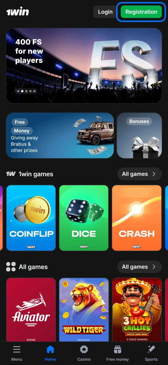 Find registration button at the top menu of 1win website.