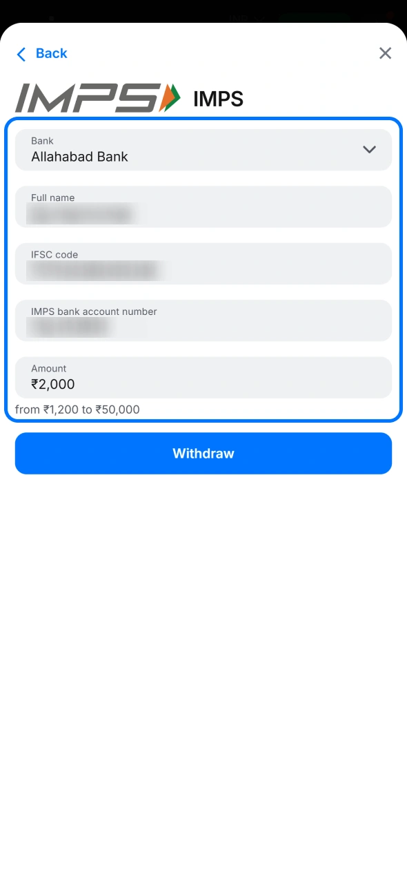 Fill all the details to withdraw your 1win winnings.