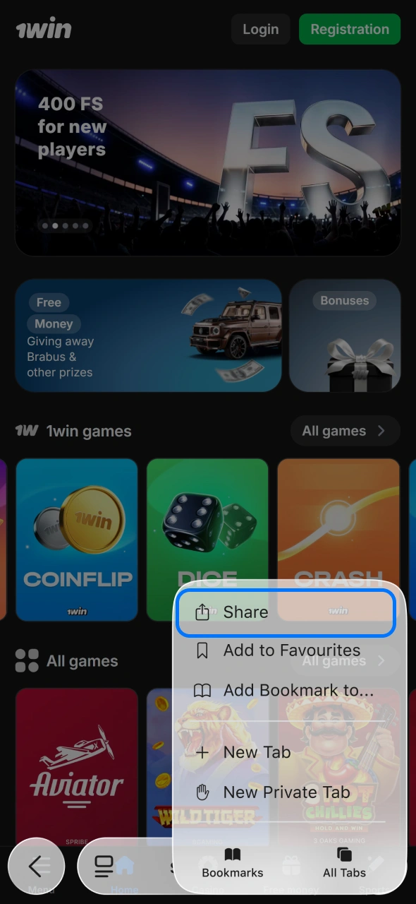 Click Share button to get 1win app for your iOS.