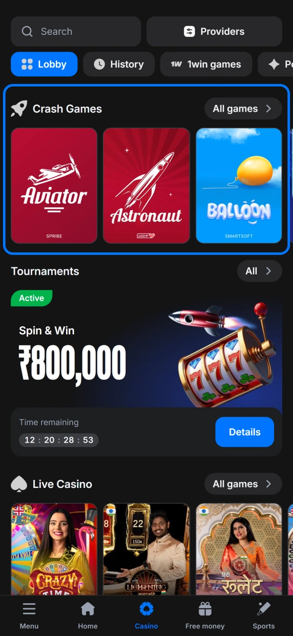 Open casino or sport section and choose games your like at 1win iOS app.