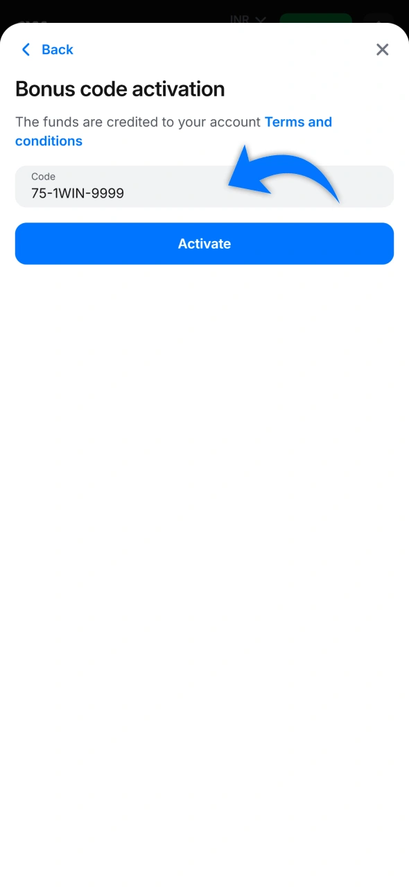 Insert promo code at your 1win profile.