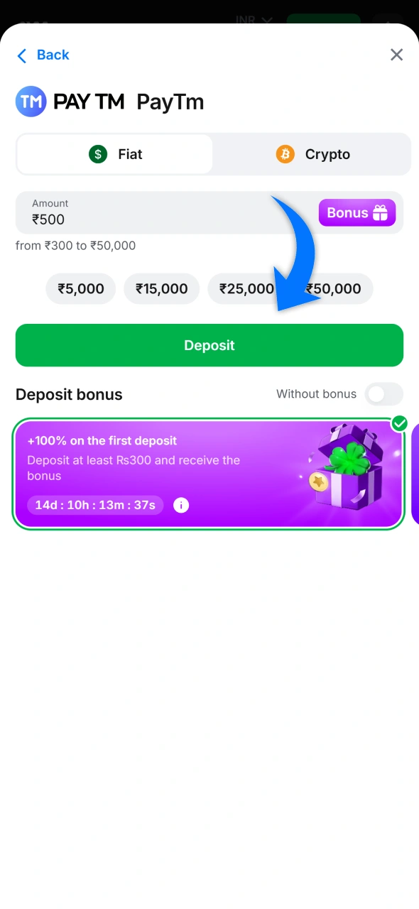 Click on deposit button and wait for your funds arrive with 1win promo code bonus.