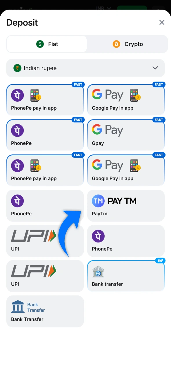 Choose a deposit method to activate your 1win promo code.