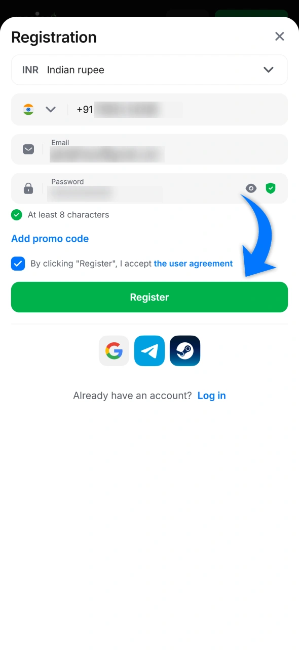 Click on checkbox and rergister your account at 1win.