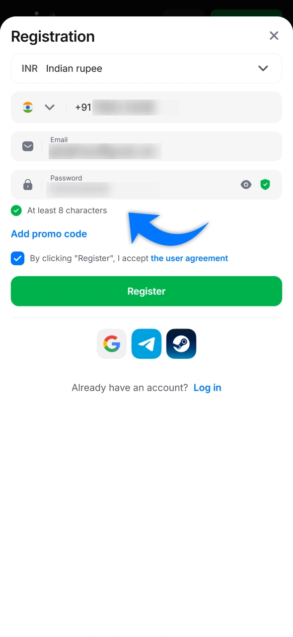 Fill all 1win registration form fields.