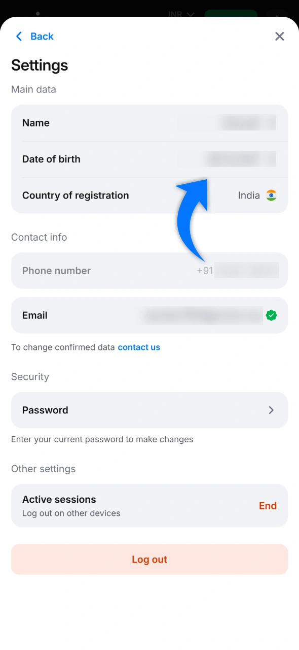 Fill name and birth date at your 1win account.