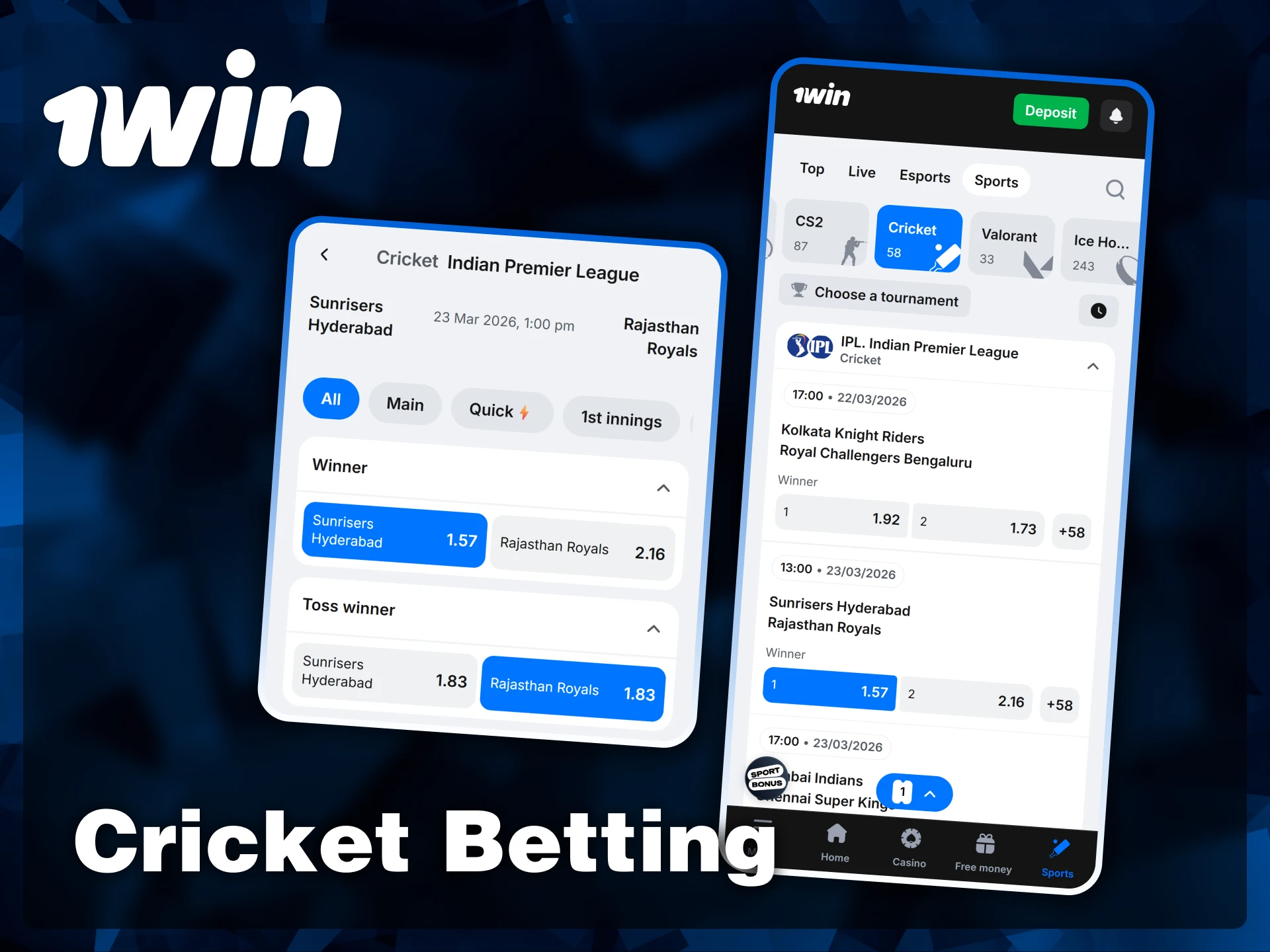 Access the full 1win cricket sportsbook to place wagers on the Indian Premier League and other major tournaments from your Android device.