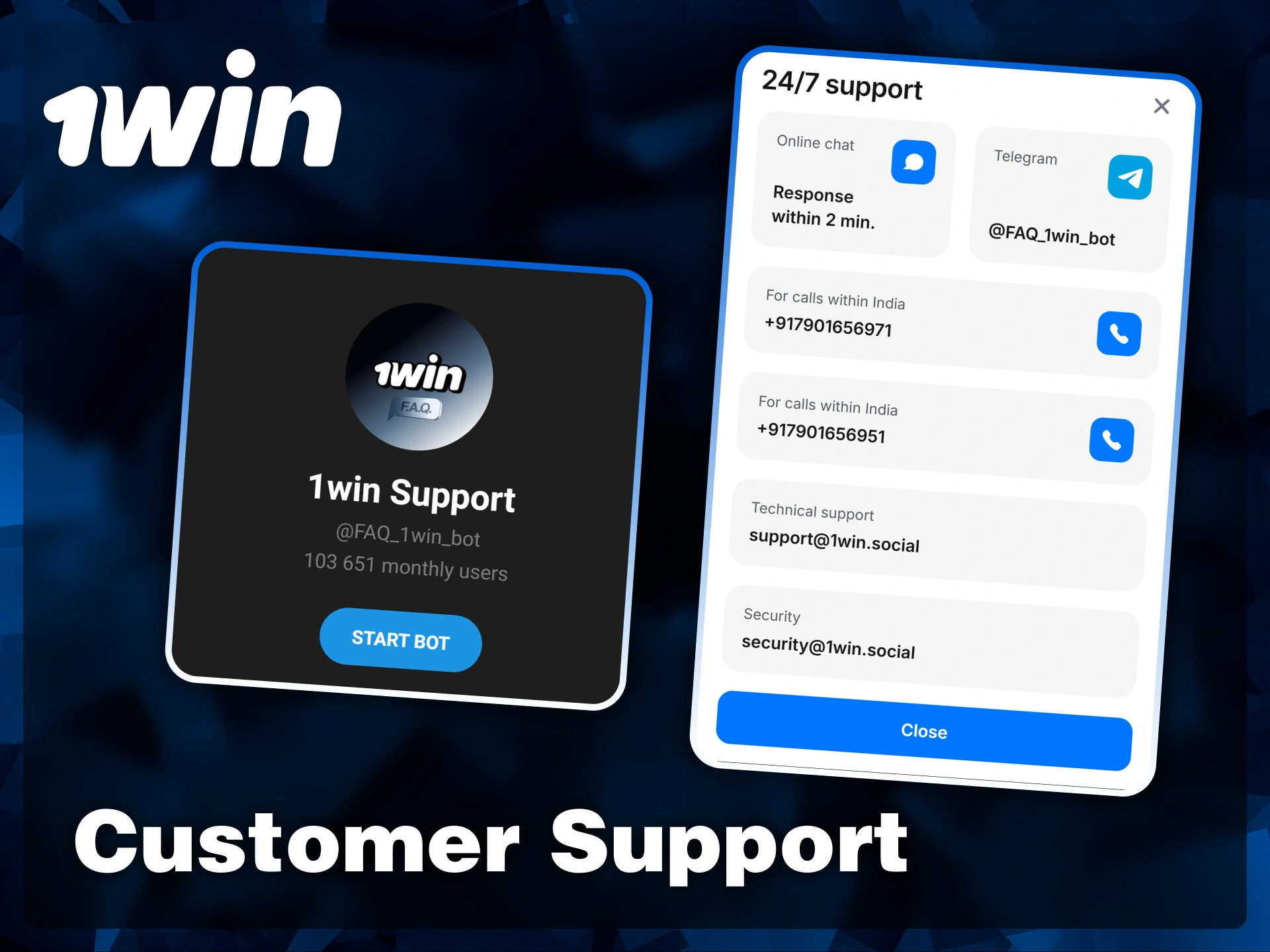 Reach out to the 1win support team 24/7 via Telegram, online chat, or direct phone lines for users in India through the mobile app.