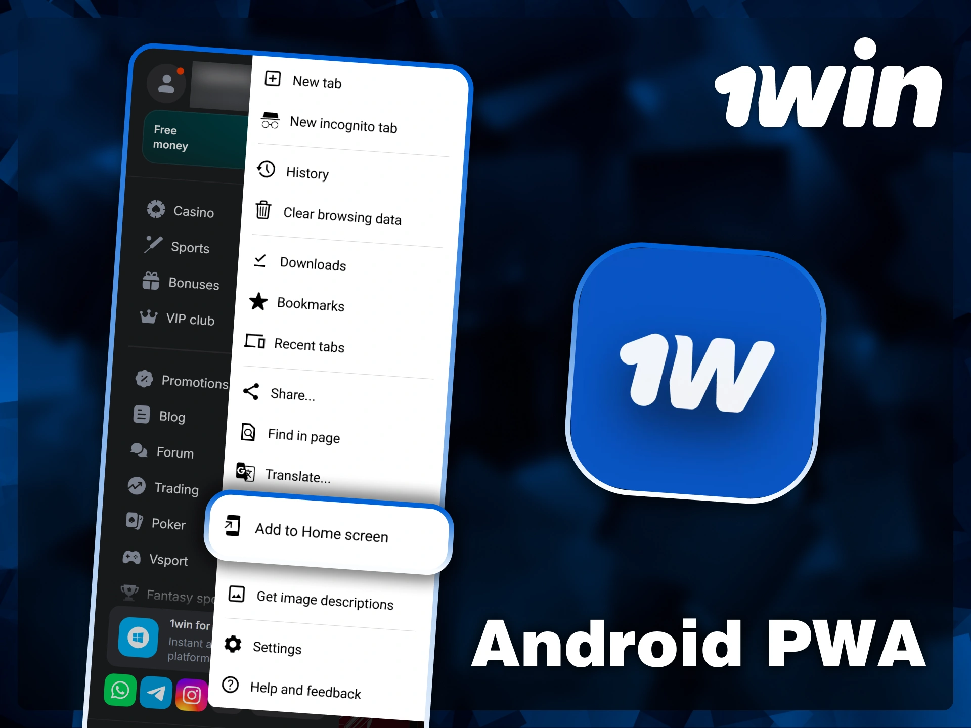 Easily add the 1win web app to your Android home screen via browser settings for instant gaming access.