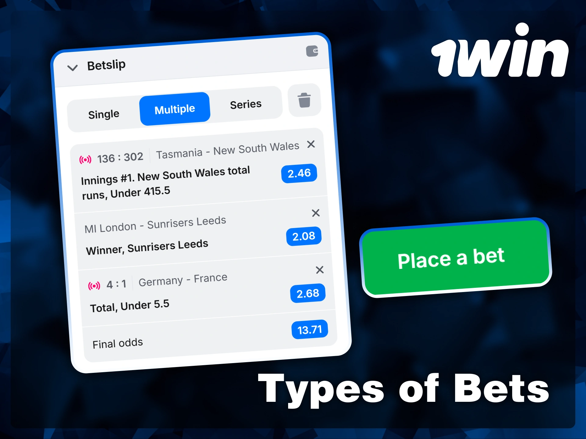 Manage your betslip and place multiple wagers on events like cricket and football through the 1win Android interface.