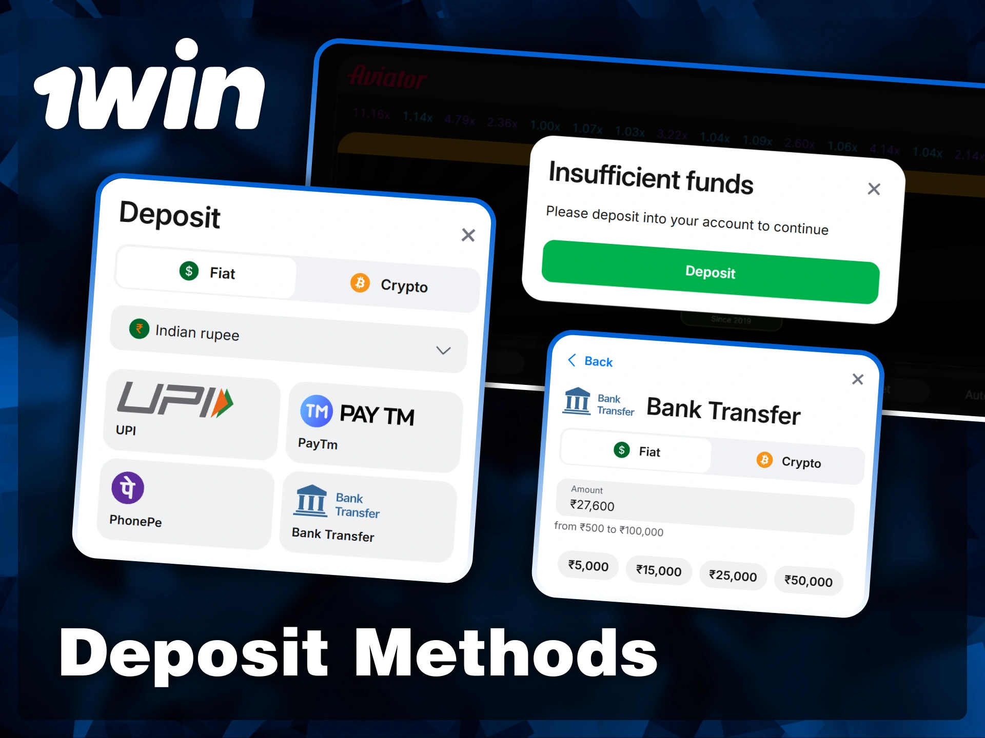 Top up your account using local methods like UPI, PhonePe, or Bank Transfer to play Aviator at 1win.