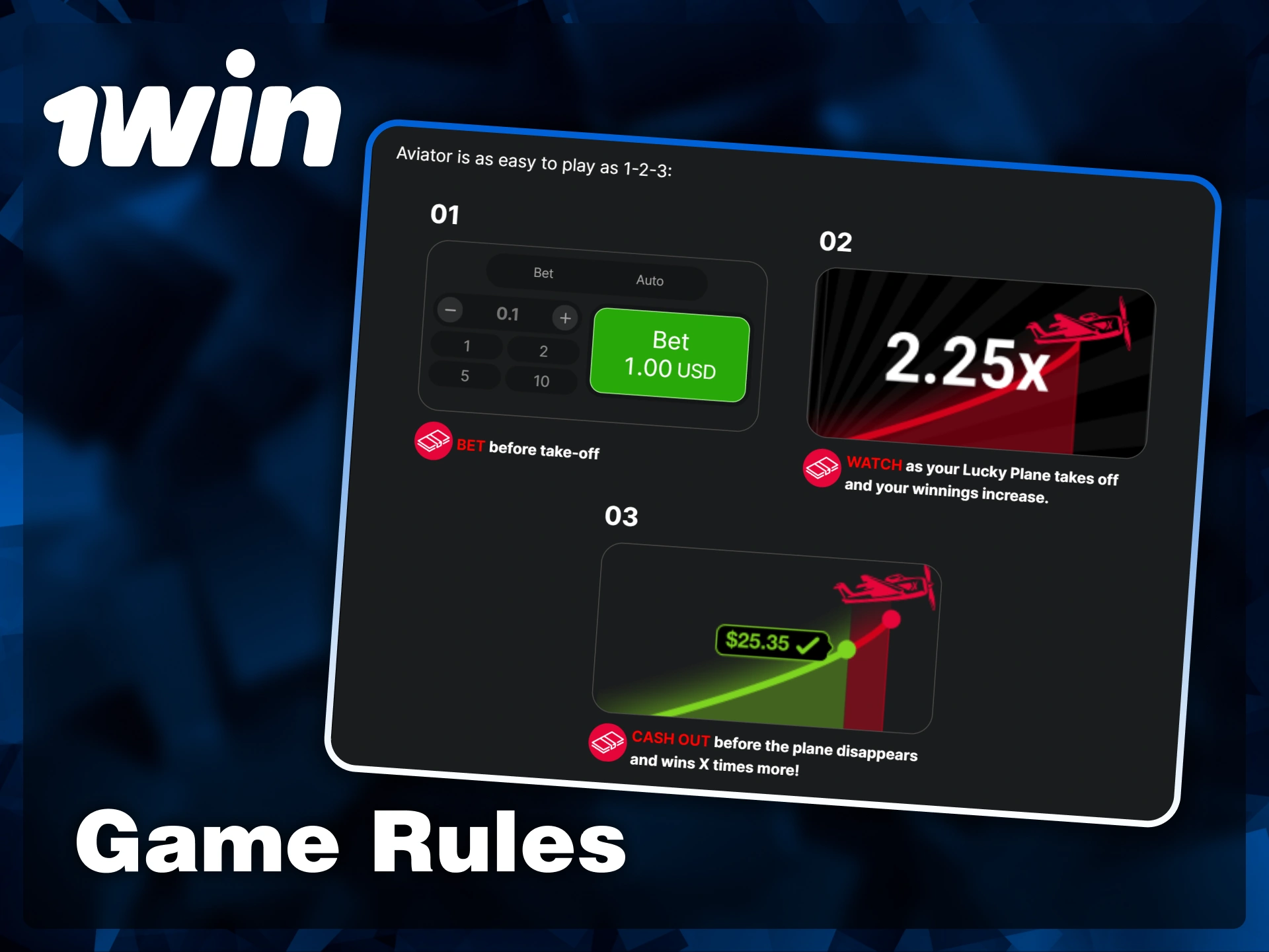 Learn the three simple steps to play: bet before takeoff, watch the multiplier, and cash out before the plane disappears at 1win.