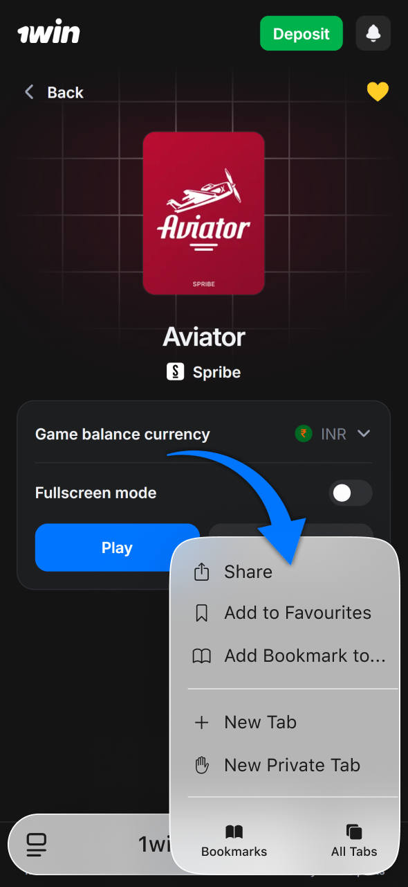 Go to the official 1win website from your iPhone and click the Share button.