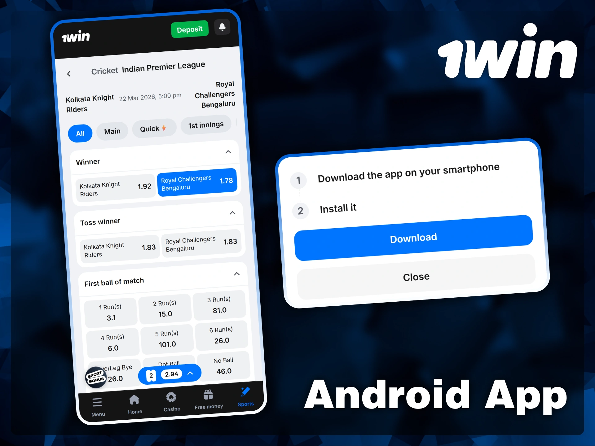 Follow the simple steps to download and install the 1win mobile app for cricket betting on your Android smartphone.