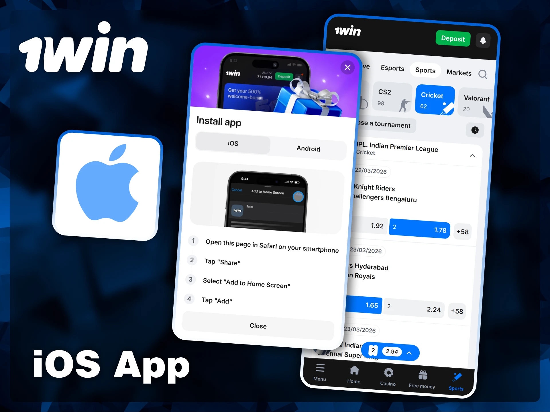 Add the 1win platform to your iOS home screen using the Safari Share menu for instant access to cricket markets.
