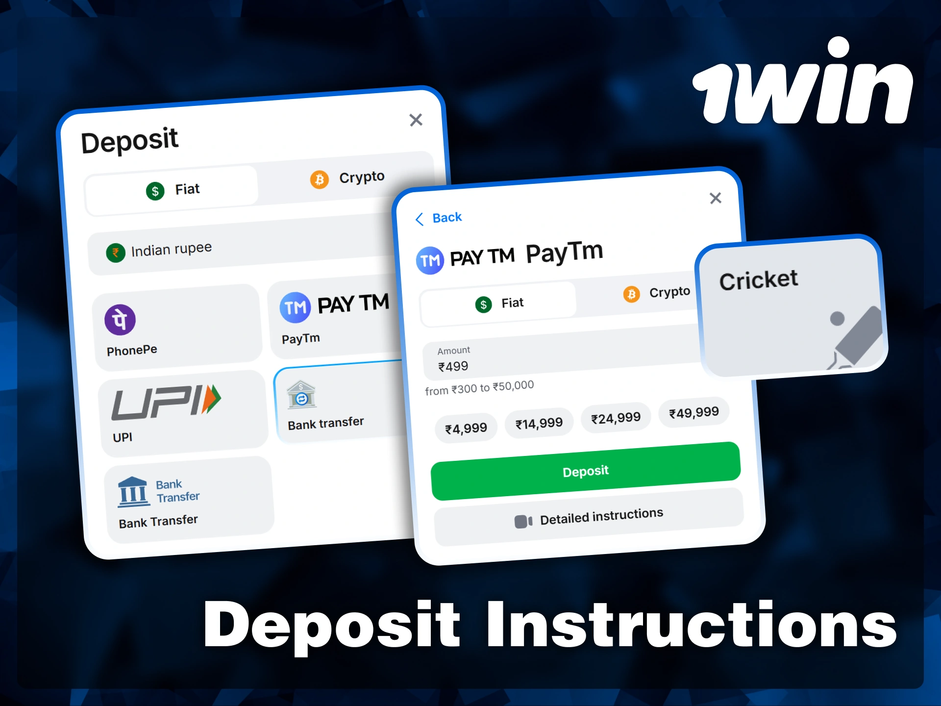 Choose from various payment methods like PhonePe, UPI, and PayTM to fund your 1win account for cricket wagering.