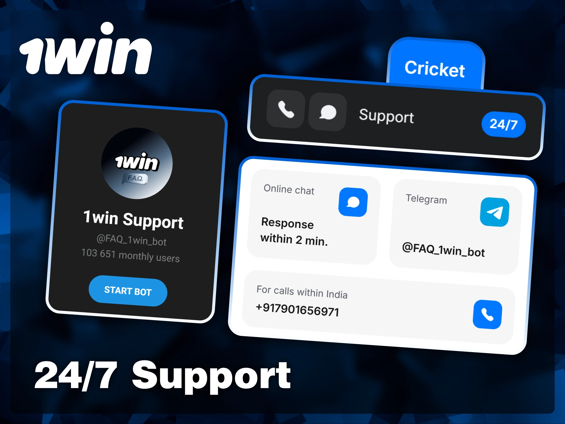 Contact 1win customer support 24/7 via online chat, Telegram bot, or dedicated Indian phone lines for any assistance.