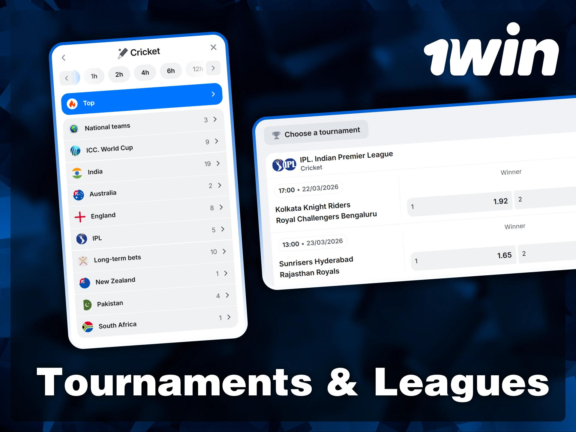 Browse through top cricket events including the ICC World Cup, IPL, and international series available for betting at 1win.