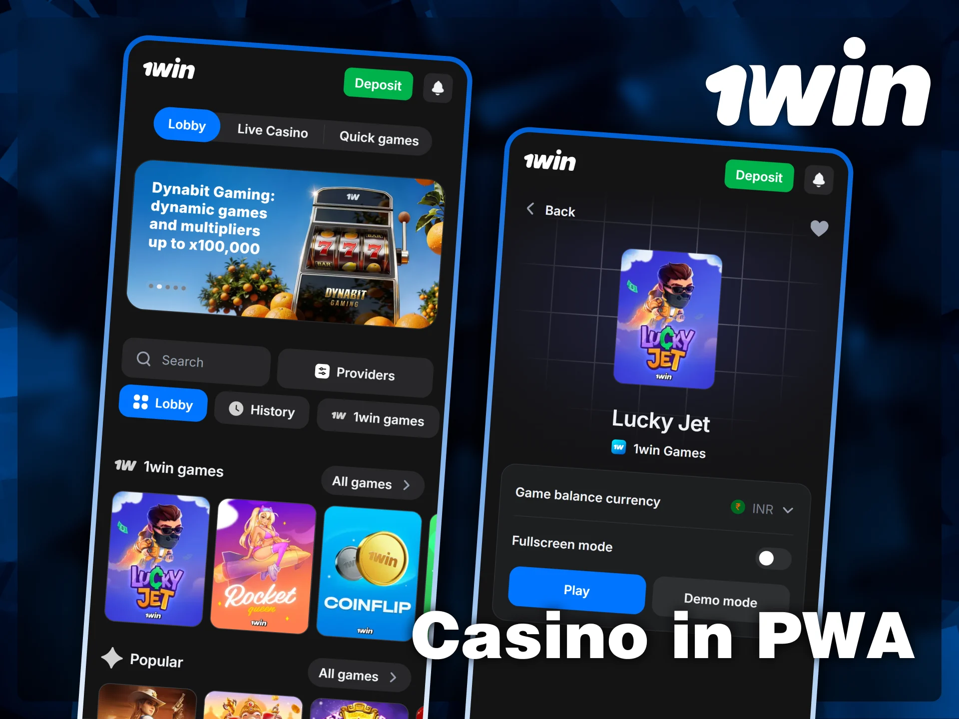 Access a full library of mobile-optimized games including Lucky Jet and various slots through the 1win PWA.