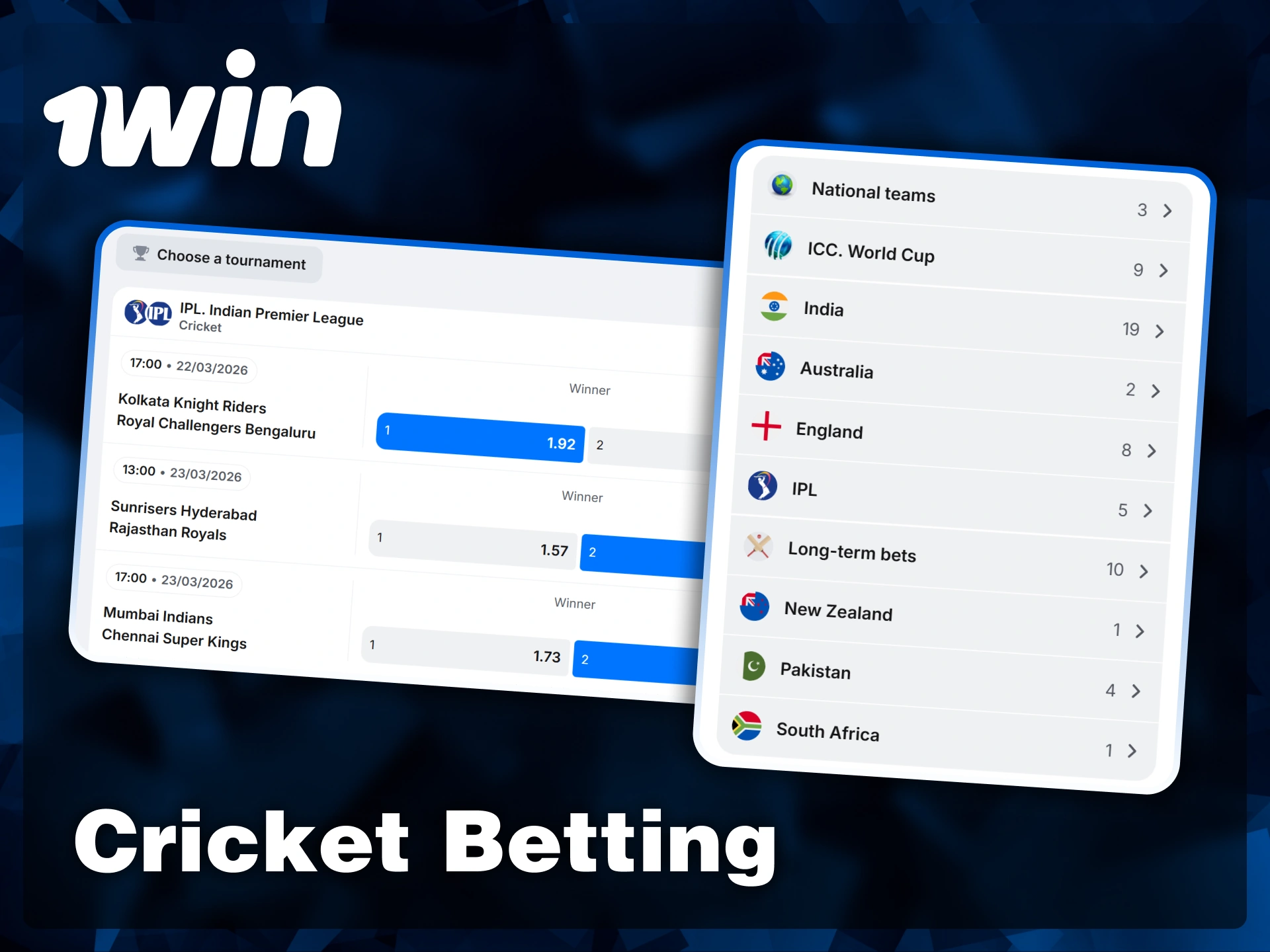 Browse major cricket tournaments and view competitive match winner odds directly on the 1win iOS interface.