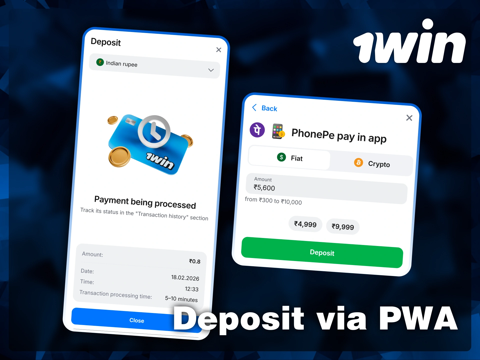 Make secure deposits and track your transaction status in real-time using the 1win PWA for iOS devices.