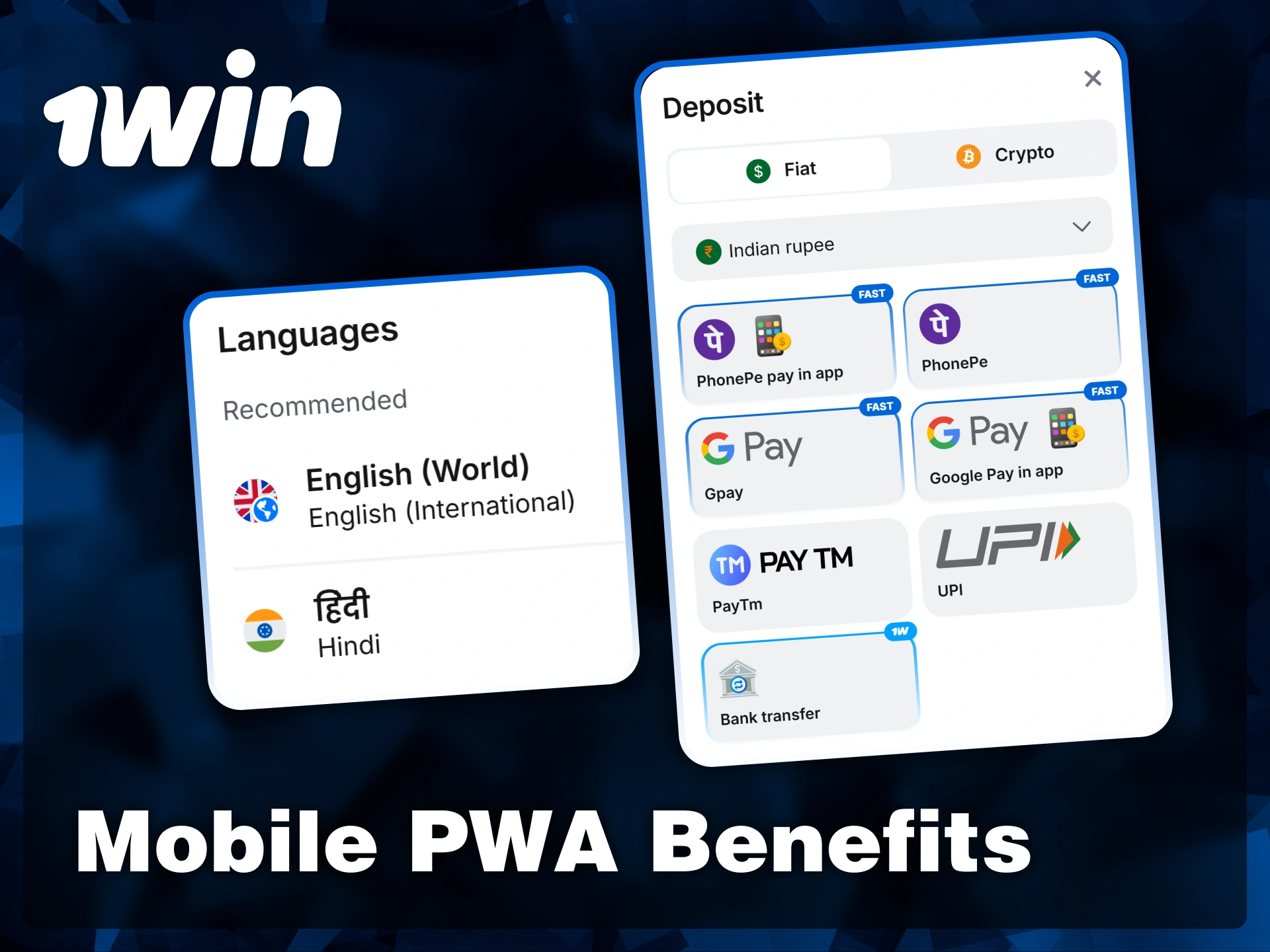 Enjoy localized language support and a wide range of fast payment methods through the 1win mobile PWA.
