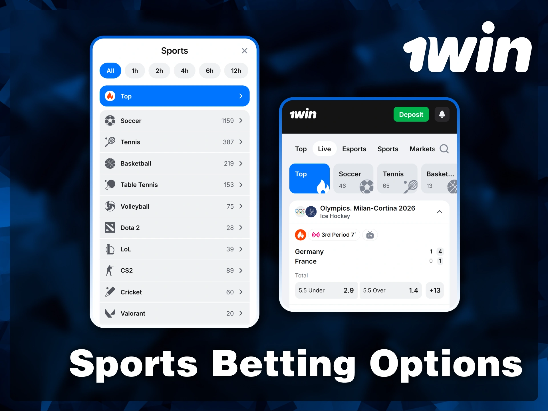 Explore an extensive list of sports including soccer, tennis, and ice hockey with live odds on the 1win iOS app.