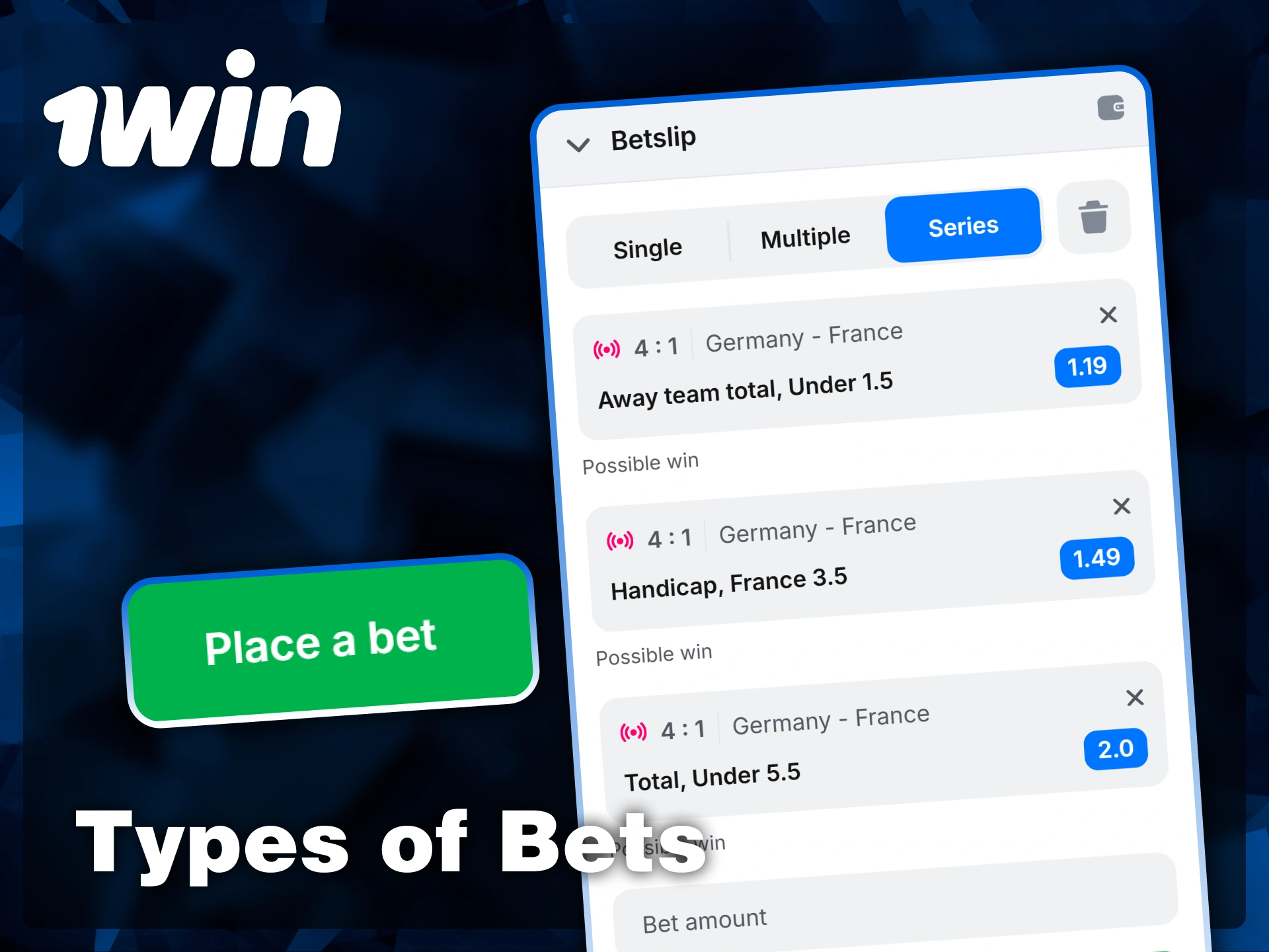 Manage your betslip and place various wagers such as handicaps and totals directly from your mobile device at 1win.