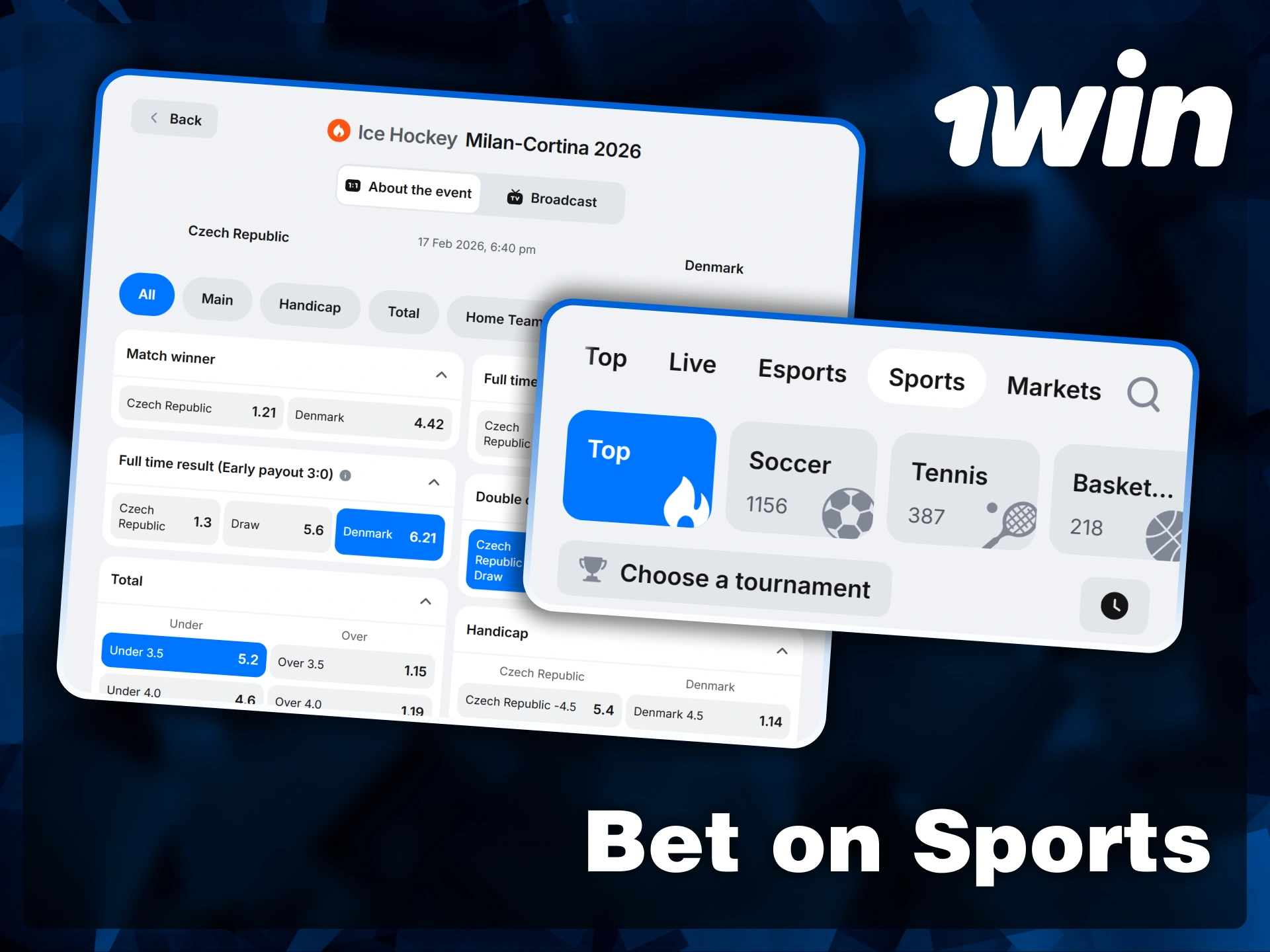 Explore a wide range of betting markets for ice hockey, soccer, and tennis with competitive odds at 1win.