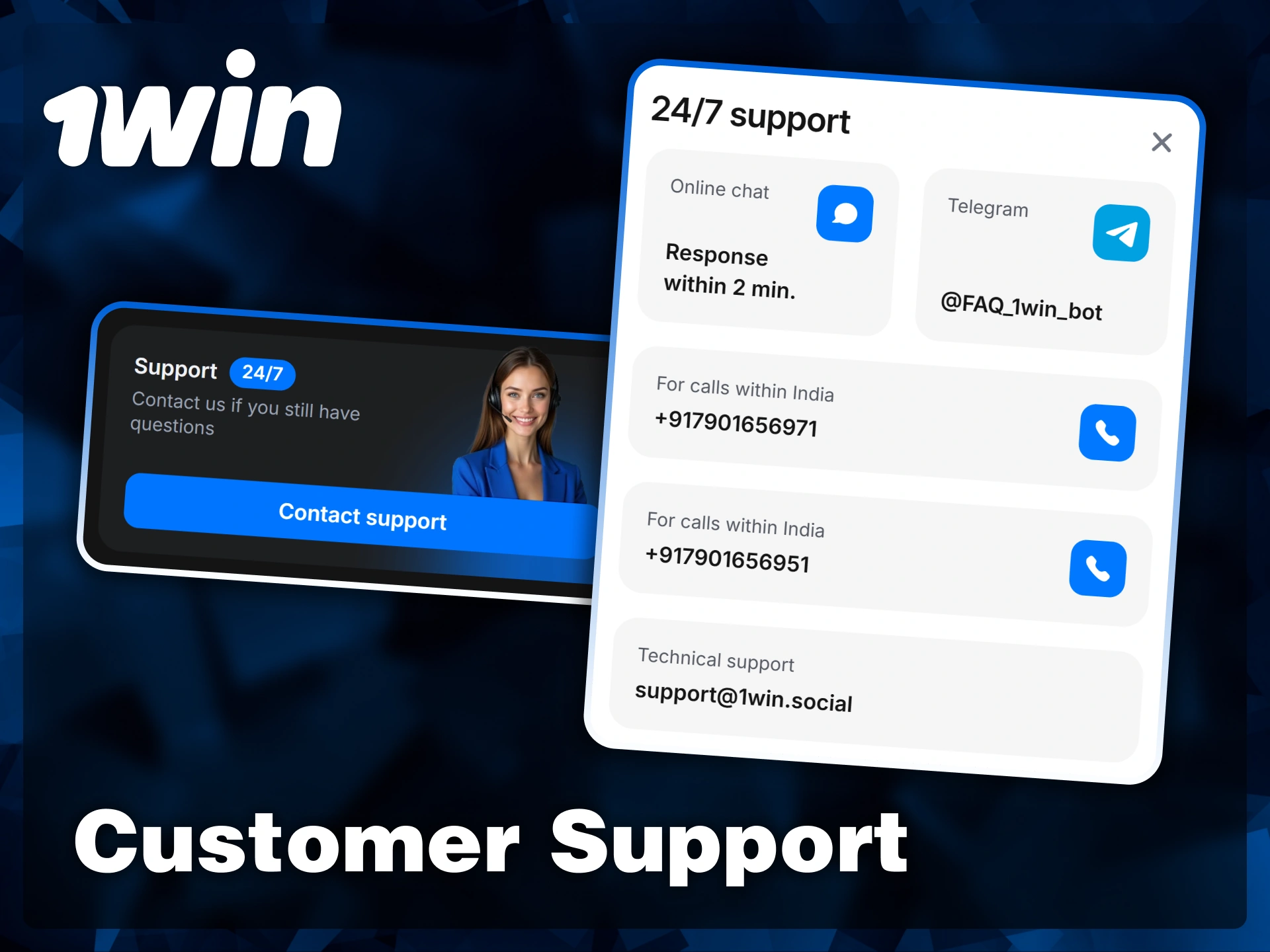 Get 24/7 assistance through online chat, Telegram, or dedicated phone lines for users in India at 1win.