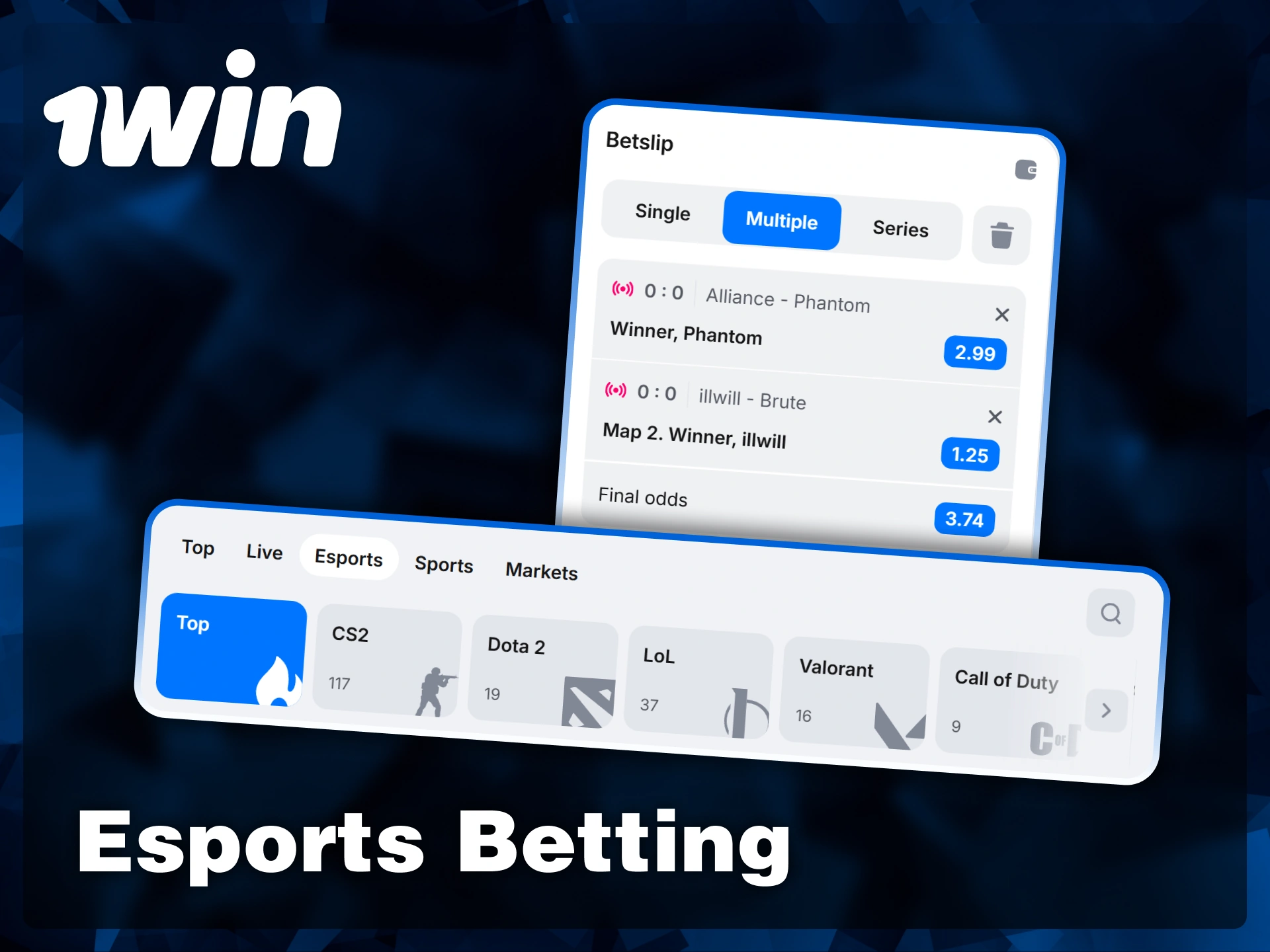 Place multiple bets on top esports titles including CS2, Dota 2, and Valorant via the 1win sportsbook.